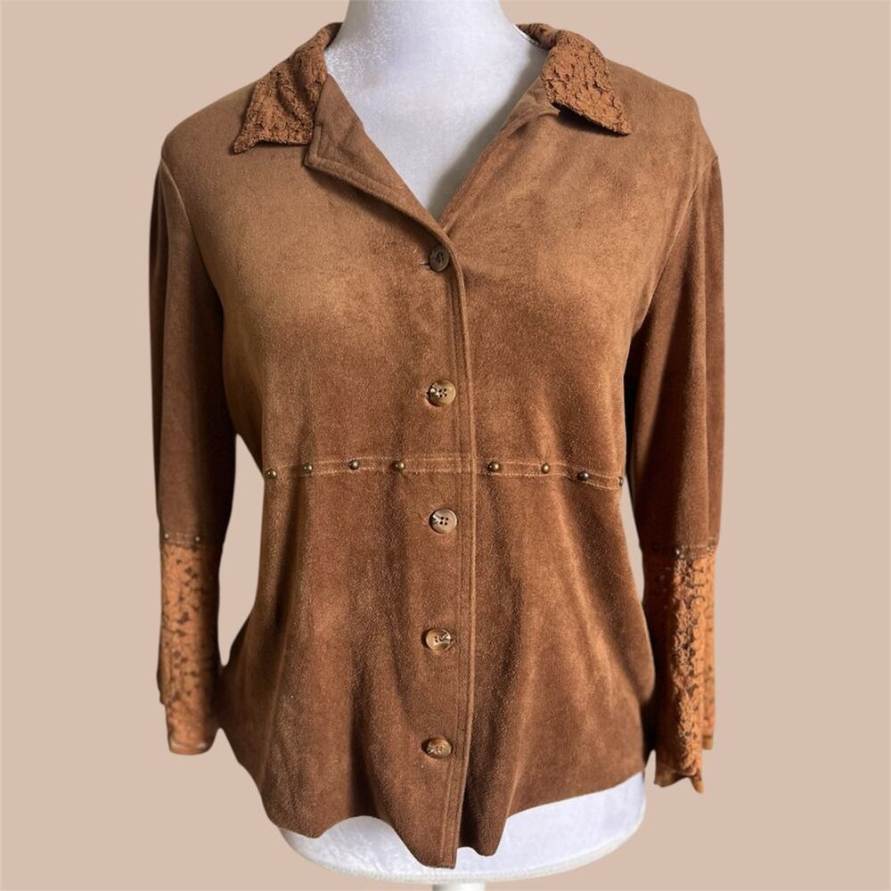 Y2K f.l. malik faux suede top size medium stud lace bell sleeve button up